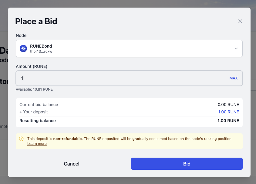 Place a Bid dialog showing node selector, amount field and resulting balance