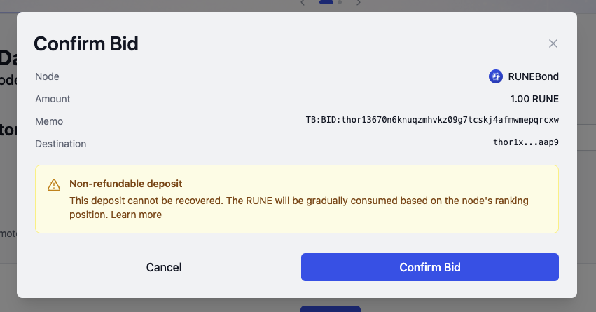 Confirm Bid dialog showing amount, memo, destination and the non-refundable warning